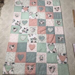 Baby Quilt Girls Pink/green  Handmade Patchwork Crib Blanket Hearts / floral